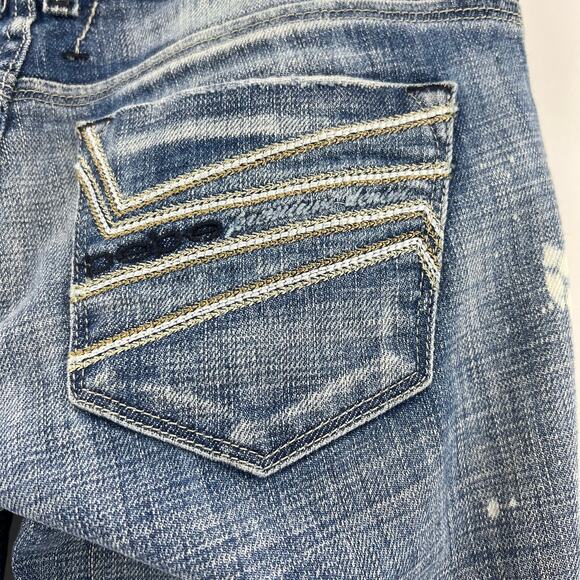 Bebe (28) (31x34) Long Distressed Bootcut Jeans Bleached Light Wash Low Rise - Picture 8 of 9